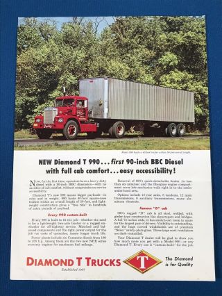 Vtg Diamond T Trucks Model 990 Semi Dealer Brochure Ad 3 - Fold