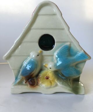 Vintage Ceramic Bird House Wall Pocket,  Blue Birds