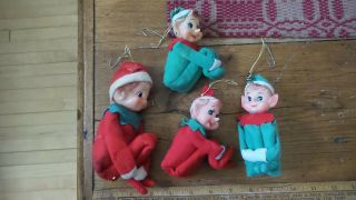 4 Vintage Elf Pixie Christmas Ornaments Red & Green,  2 Size,  Hugging Knees,  Japan