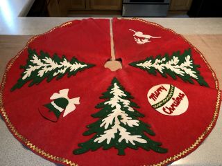 Vintage Handmade Red Felt Christmas Tree Skirt 35” Diameter Trees,  Reindeer,  Bells