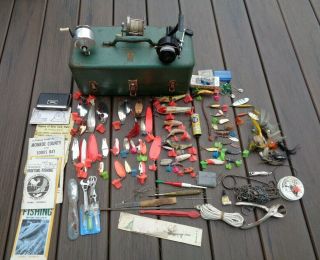 Vintage Metal Tackle Box Full Of Old Fishing Lures & Tackle & Reels