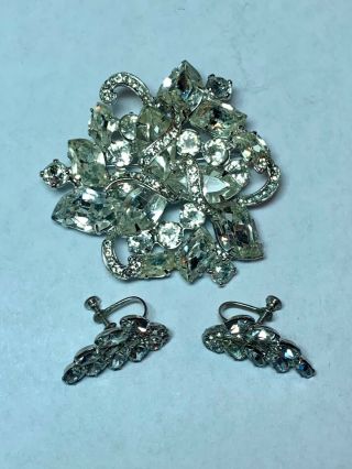 Large Vintage Signed Weiss Clear Rhinestone Brooch With Earrings