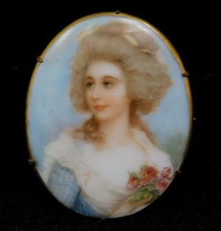 Antique Georgian Painted Porcelain Portrait Pin Brooch Victorian Edwardian Cameo