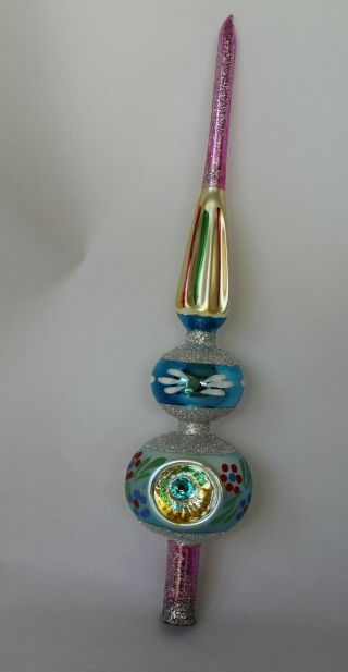 Vintage Santa Land Christmas Tree Topper Top Hand Blown Glass 3 Indents W/box