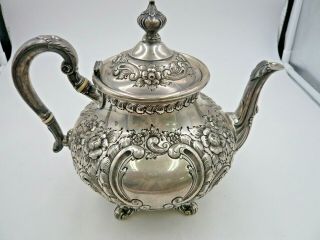 Fisher Sterling Silver Repousse Hand Chased Footed Teapot Signed/Marked 2