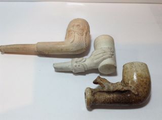 3 X Victorian Pictorial Clay Pipe Heads With Complete Pipe Shamrock Horse Hand