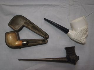 Meerschaum Pipes X 2 Inc.  Carved & Clay Pipe  In Case & 1 Wooden Pipe