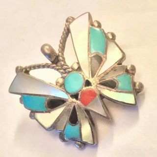 Vintage R Neha Zuni Mexico Sterling Silver Multi - Color Butterfly Pendant Pin