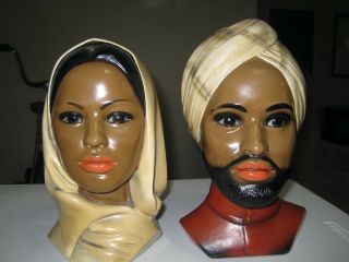 Vintage Marwal Chalkware Man And Woman Head Bust Figurines Statues