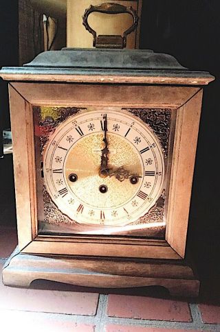 Small Antique Wind Up Desk Or Mantle Clock - Cobalt Blue Glass Case - 1890 