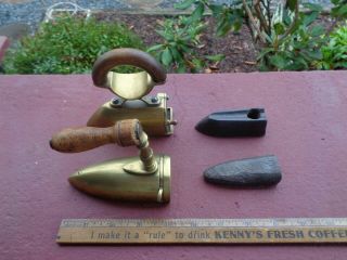 2 Antique Brass Salesman Sample Toy Sad Irons Slug Irons With Slugs