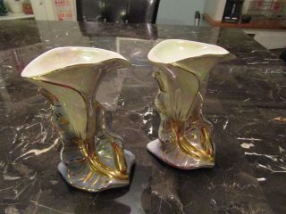 Vintage Pair Kass Co.  Iridescent Gold Trimmed Ornate Lily Vases