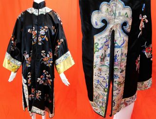 Antique Chinese Black Silk Floral Embroidered Long Robe Yellow Sleeve Band Cuffs