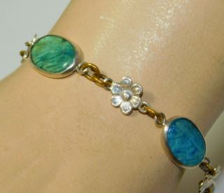 Vtg Blue Green Glass Scarab Style Link Sterling Silver 7 " Bracelet 12e 53