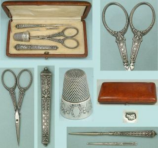 Antique Cased French Silver Sewing Set W/ Scissors,  Needle Case,  Thimble C1900