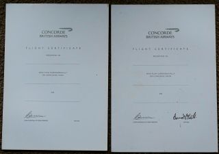 2 X British Airways Concorde Blank In Flight Certificates One Signed By Captain