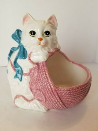 Vintage Cat Planter White With Blue Ribbon Pink Yarn Ball