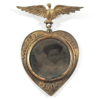 Antique 1904 Worlds Fair St Louis Souvenir Tintype Photo Heart Medal Eagle Pin