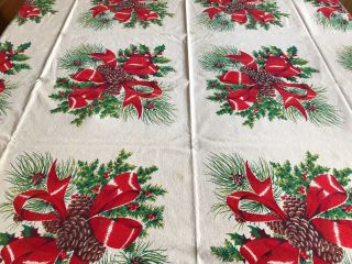 Vintage 64 " Christmas Holiday Cotton Print Tablecloth Pine Cones Holly Ribbons