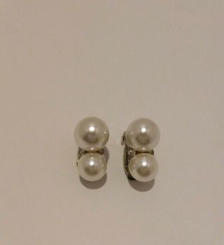 Vintage Kenneth Jay Lane Double Faux Pearl With Clear Rhinestone Clip On.