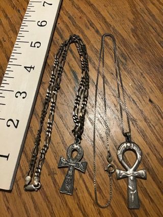 2 Vintage Sterling Silver Egyptian Revival Hieroglyphic Ankh Pendants W/chains