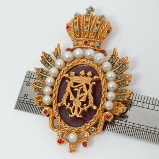 Designer A.  R.  T.  Pearl Rhinestone Turquoise Crown Shield Crest Vtg Pin Brooch