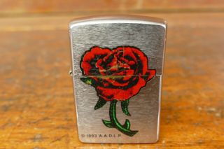 Vintage 1993 Aadlp Zippo Lighter Red Rose W/ Thrown - Brushed Chrome