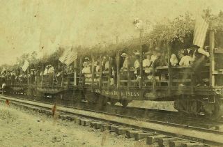 ROCK ISLAND RAILROAD ARKANSAS 1880 ' s CABINET PHOTO - CATTLE CARS W/ PASSENGERS 2