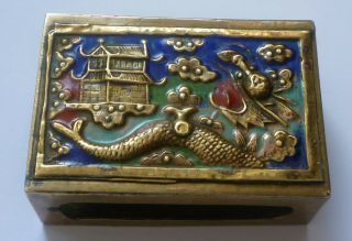 Vintage Chinese Brass Match Box Holder With Enamel & Dragon Design