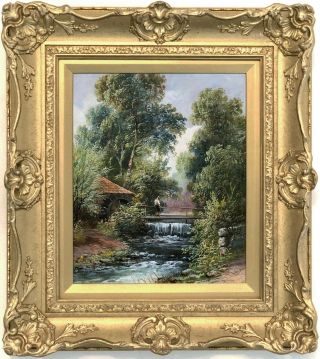 Water Mill In A River Landscape Antique Oil Painting 19th Century English School