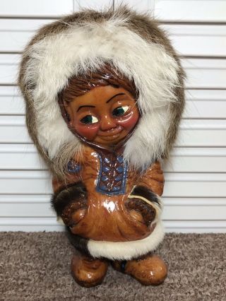 7 " Vintage Naber Alaskan Eskimo Carved Wooden Wood & Fur Doll Figure Rare