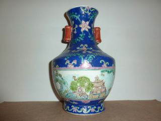 Vintage Chinese 25.  7cm Dark Blue Vase With Temple,  Mountain,  Trees,  River Landscape
