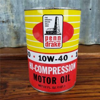 Vintage Empty Penn Drake Hi - Compression 1 Quart Motor Oil Can Metal