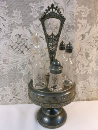 Antique Middletown Silverplate & Etched Glass 6 Pc Cruet Caster Set