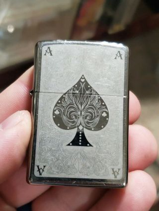 Vintage Zippo Lighter Chrome Case Black Ace Spade - Cards Poker Vegas