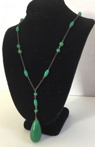 Antique 1920’s Art Deco Jade Green Peking Glass Drop Pendant Necklace