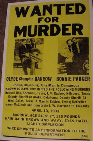 Vintage Bonnie And & Clyde Wanted Murder Poster Art Mob Joplin Missouri 