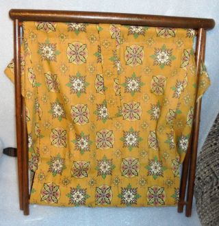 Vintage Folding Sewing,  Knitting Basket Fabric,  Wood Frame Stand