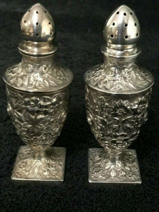 BALTIMORE MFG CO SCHOFIELD STERLING SILVER REPOUSSE ROSE SALT & PEPPER SHAKERS 2