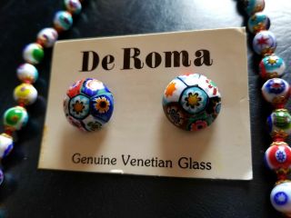 Vintage Murano Venetian Millefiori Glass Bead Necklace And Earrings Set