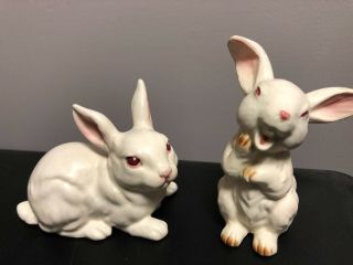2 Vintage Lefton Japan White Easter Bunny Rabbit Porcelain Figurines