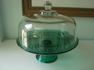 Vintage Wexford Anchor Hocking Green Glass Cake Plate Clear Dome Punch Bowl Euc