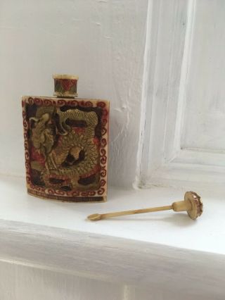 Chinese Snuff Bottle Antique With Gilded Dragons Hand Carved And Dyed