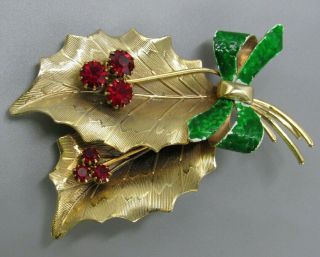Vintage Jewelry Signed St Labre Christmas Holly Berry Brooch Pin Rhinestone Lotk