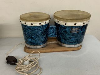Vintage Zim Gar Bongos Hand Drums - Blue Pearl Sparkle W/ Lamp Base Percussion