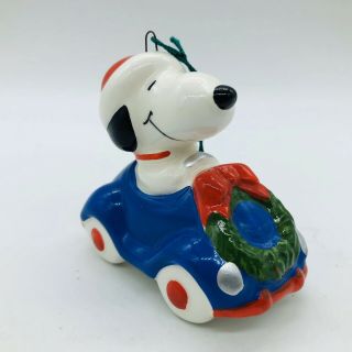 Vintage Peanuts Gang - Snoopy In Blue Car - Ceramic Christmas Ornament
