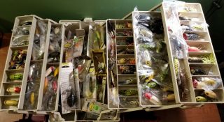 Vintage Fishing Tackle Box Full Of Lures Fred Arbogast Jitterbug Hula Popper Nib