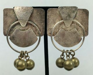 Vintage Marjorie Baer Sf Silver Bronze Modernist Industrialist Mcm Clip Earrings