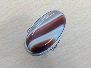 Antique Sterling Silver & Banded Agate Ring Size M 1920