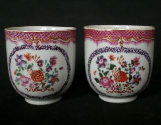 Pair Chinese 18th C Qianlong Famille Rose Lowestoft Style Tea Cup Vase Bowl